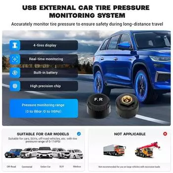USB TPMS Car Tire Pressure Alarm Monitor System Temperature Warning Sensors Tire Gauge For Android Navigation Player Display For Android Display