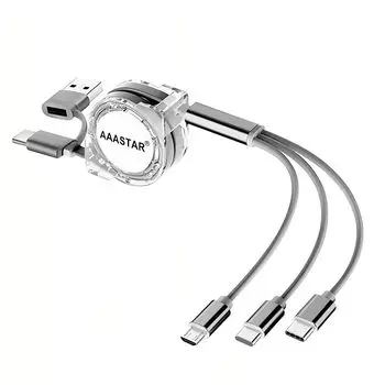 USB Type-A Type-C Совместимо с 5-в-1 многофункциональным кабелем для зарядки, Type C, кабелем Lightning Micro Android, 3 устройствами одновременно, 3-в-1, сворачивающимся в рулон, 1 м