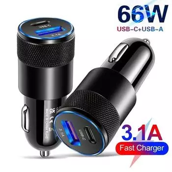 USB Type C Fast Charging Car Charger, Phone Adapter for Xiaomi, Huawei PD Phone Charger, Car Adapter Socket, Lighter, 66W чёрный