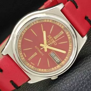 USED VINTAGE SEIKO 5 AUTOMATIC JAPAN MENS RED COLOR DIAL WATCH a434949-2 R122-a434949