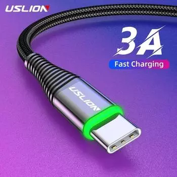 USLION 0,5 м/1 м/2 м светодиодный 3A USB-кабель типа C, провод для быстрой зарядки для Samsung Galaxy Xiaomi Huawei Note 7, кабель USB-C для передачи данных, шнур для зарядного устройства 0.5m фиолетовый