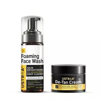 Ustraa Bright Skin Routine Combo - Пенка для умывания - Для осветления кожи - 150 мл | Помогает предотвратить появление черных точек | НЕТ SLS и крем De-Tan 50 г