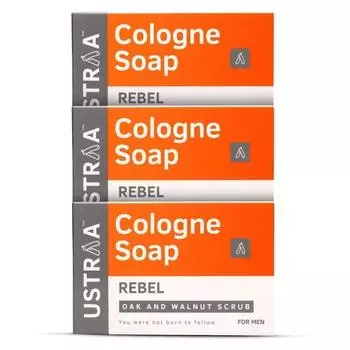 Ustraa Мыло Rebel Cologne с дубом и грецким орехом, 3 x 125 г | Мыло тройного помола | Мягкое отшелушивание с гранулами грецкого ореха | Придает стойкий аромат