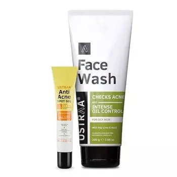 Набор Ustraa Anti-Acne - Гель против прыщей - 15 мл | Устраняет 99,9% микробов, вызывающих прыщи, с 2% салициловой кислоты и нимом и средством для умывания - Для жирной кожи - 200 г