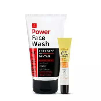 Ustraa Power Face Wash - 100 г - Energize & De-Tan | Эффективное удаление загара | Удаляет омертвевшую кожу и гель против прыщей - 15 мл | Уменьшает 99,9% прыщей