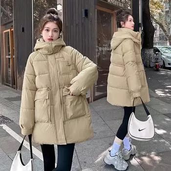 Утепленная одежда женская зимняя куртка утепленная одежда свободная утолщенная с капюшоном корейская версия модная утепленная куртка женская M чёрный