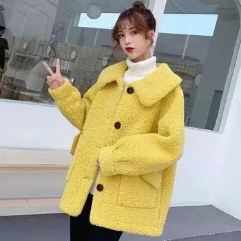 Утолщенная искусственная овечья шерсть с квадратным воротником, модное пальто для женщин, осенняя и зимняя одежда, однобортное свободное женское пальто большого размера M белый