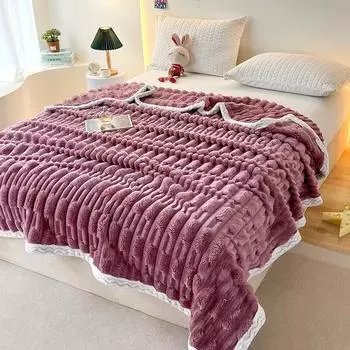 Утолщенное плюшевое одеяло с кроликом Four Seasons Bamboo Plush Blanket Office Shawl Nap Blanket Bed 100x120cm озеро синий