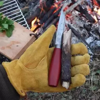 Утолщенные перчатки из воловьей кожи для кемпинга на открытом воздухе Перчатки для разведения огня на гриле Износостойкие защитные перчатки жёлтый