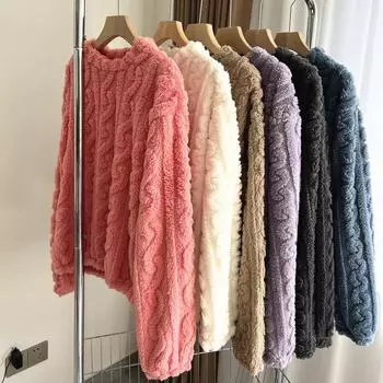 Уютная женская пижама из кораллового флиса: Плотный теплый бархат, однотонный, круглый вырез, большие размеры на осень и зиму. Large size фиолетовый