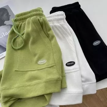 Узкие повседневные спортивные шорты с высокой талией, женские, новая корейская версия свободных широких брюк А-силуэта со шнурком M зелёный
