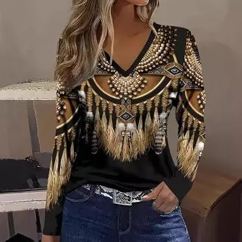 V-neck 3D Retro Ethnic Style Printed Top Fashionable Casual Long Sleeved Women s T-shirts S