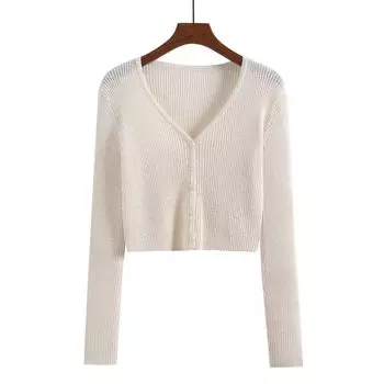 V Neck Gentle Ice Silk Short-Style Tops Knitting Cardigan Apricot L