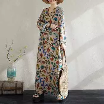 V-neck Loose Plus Size Simple Vacation Style Long Sleeve Women s Long Dresses One Size