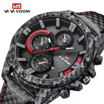 VA VA VOOM Relogio Masculino Спортивный стиль Механизм Простая модная кожа - нейлоновый ремешок 30 м Водонепроницаемый светящийся календарь Мужские кварцевые наручные часы Leather strap красный/чёрный