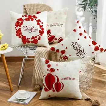 Valentine s Day Pillow Linen Printed Square Pillow Cover Sofa Cushion Plaid Love Cushion Cover Does Not Include Pillow Core 45*45cm