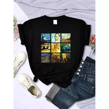 Van Gogh Works Sanskrit Printed Женские топы, дышащие повседневные футболки, модная летняя женская футболка с коротким рукавом и круглым вырезом S
