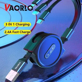VAORLO 3 в 1 USB-кабель для зарядки для iPhone 11 Кабель Micro USB Type C Выдвижной портативный зарядный кабель для iPhone X 8 Samsung S9 чёрный