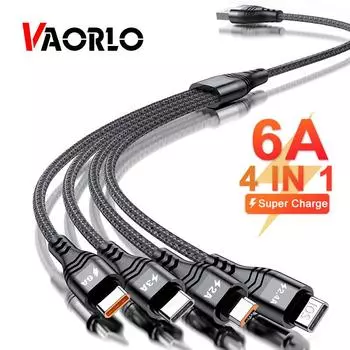VAORLO 4 в 1, 6A, 66 Вт, кабель для быстрой зарядки, USB-зарядка, микроразъем типа C, супер зарядка для Android, iphone, Huawei, быстрая зарядка чёрный