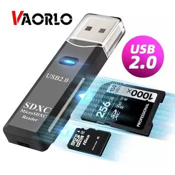 VAORLO мини-кардридер USB2.0 2 в 1 для ПК Micro SD TF устройство чтения карт памяти адаптер для записи нескольких карт флэш-накопитель аксессуары для ноутбуков чёрный