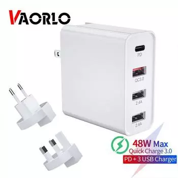 VAORLO Quick Charge 3.0 Mutil USB-зарядное устройство USB Type C PD QC QC3.0 48 Вт Быстрая зарядка Дорожное настенное зарядное устройство для телефона Зарядное устройство с вилкой Великобритании и ЕС для iphone XiaoMi With EU Plug белый