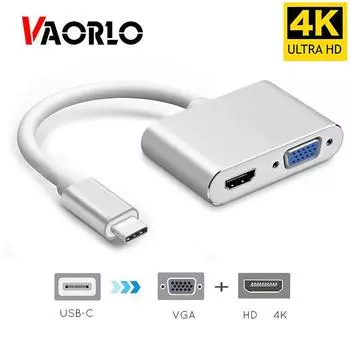 VAORLO USBC to HDMI 4K 30 Гц VGA адаптер-концентратор USB 3.1 Type C USB-C в VGA 1080P HDTV аудио-видео преобразователи для Macbook Pro серебряный