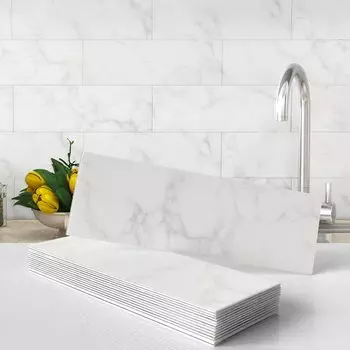 VAOVI Мраморная плитка Наклейка Кухонная брезентовая настенная плитка DIY Кухонная панель Ванная комната DIY 98x298 мм штуки Каррара (16 Белый)
