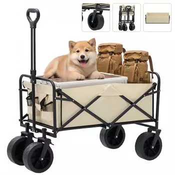 VECELO Carry Wagon Складная тележка для переноски на открытом воздухе, тележка для кемпинга, большие шины с тормозом, большая емкость 110 л, грузоподъемность 100 кг, 4 колеса, для использования на открытом воздухе бежевый