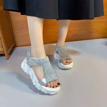 Velcro knitted platform muffin heel sandals women s 2025 new fashion woven foot cover platform student sandals 35 чёрный