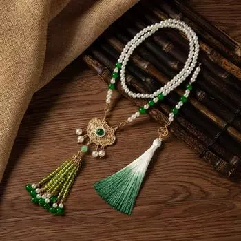 Верховая одежда Yingluo длинное ожерелье Ming древний стиль Cheongsam аксессуары старинная одежда задняя часть облако зеленый постепенный переход бахрома свитер цепь