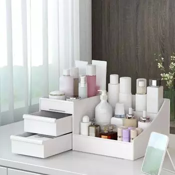 Versatile Desktop Cosmetic Organizer with Drawer Design, Ideal for Dorm Room Storage and Makeup Collection синий