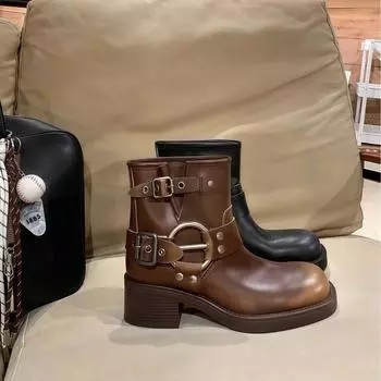 Версия из коровьей кожи Su Yinyin Same Small Short Tube Retro Leather Thick Hack Buckle Boots Western Cowboy Boots Short Boots Women s Locomotive Boots 35
