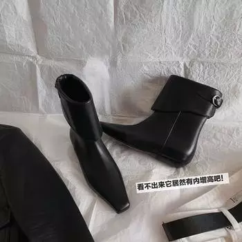 Версия из коровьей кожи Su Yinyin, та же квадратная головка, покатый каблук, внутренняя высота, увеличение, пряжка на ремне, сложенные короткие сапоги, женские ковбойские сапоги в стиле вестерн 34
