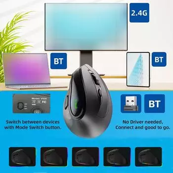 Вертикальная мышь RGB с аккумулятором 2.4G и BT 5.1Wireless Mouses Эргономичная мышь с подсветкой, 5 боковых кнопок, для ПК, ноутбука чёрный