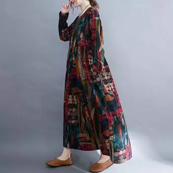 Весенне-осеннее новое женское платье с круглым вырезом и длинными рукавами, свободное платье с принтом M