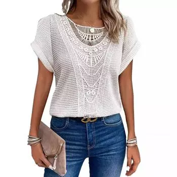 Весенние и летние новые женские кружевные футболки с короткими рукавами S