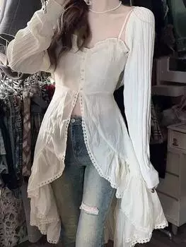 Весенняя модная одежда Gyaru, комплект из 2 предметов, женское сексуальное платье на тонких бретельках, шикарные однотонные топы, женский повседневный костюм Mori Girl с милыми рюшами S бежевый