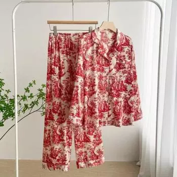 Весенняя новинка Ink Print Ice Silk Пижама для женщин с лацканами и длинными рукавами Домашняя одежда M синий