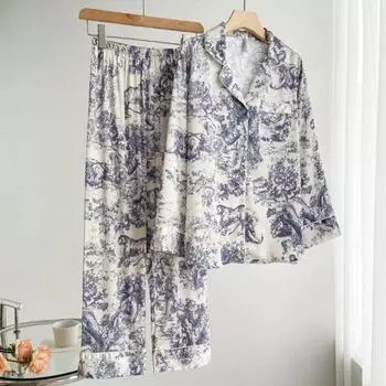 Весенняя новинка Ink Print Ice Silk Пижама для женщин с лацканами и длинными рукавами Домашняя одежда L красный