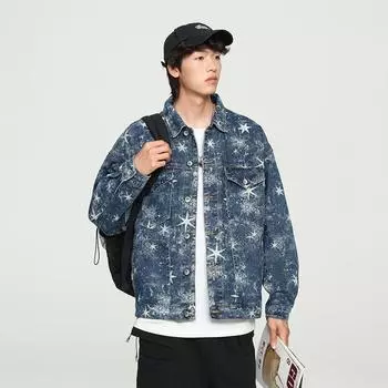 Весенняя свободная куртка Tooling с лацканами High Street Trend Star Light Gradual Change Tide Brand Washed Denim Jacket M синий