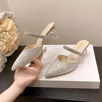 Весна и лето остроносые с босоножками на высоком каблуке Baotou со стразами и леопардовым принтом женские тапочки женские сандалии 38 серебряный