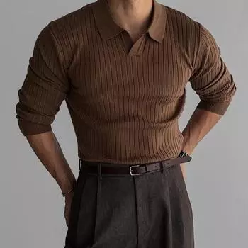 Весна Осень Мужской Верхний Трикотажный Нитка Slim Fit Пуловер Отложной Воротник Длинные Рукава Эластичный Чистый Цвет M слоновая кость