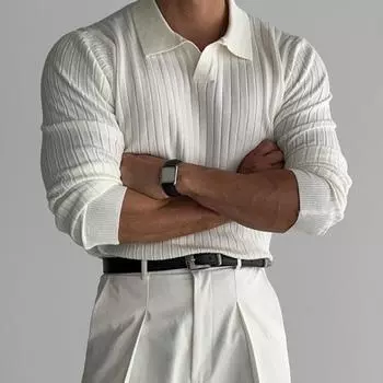 Весна Осень Мужской Верхний Трикотажный Нитка Slim Fit Пуловер Отложной Воротник Длинные Рукава Эластичный Чистый Цвет Повседневная Деловая Рубашка M коричневый