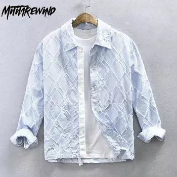 Весна/Осень, полосатая мужская рубашка с длинным рукавом 4XL, повседневные мужские модные рубашки в японском стиле, свободная рубашка с воротником с лацканами и карманами, молодежные мужские топы M синий
