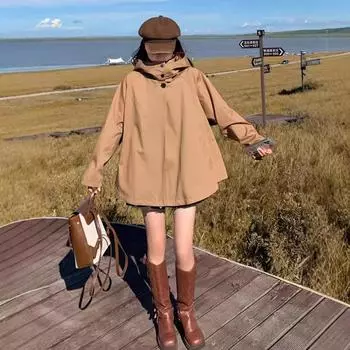 Ветровка цвета хаки с капюшоном, короткое пальто, женская осенняя новая свободная повседневная куртка S