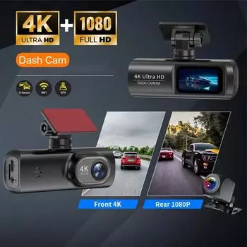 Видеорегистратор спереди и сзади 2.4G WiFi 4K+1080P и экран 1.47 Видеорегистратор с круглосуточным ночным видением, парковочным монитором, циклической записью, WDR GPS