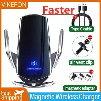 VIKEFON 15W Car Magnetic Wireless Charger Automatic Car Mount Phone Holder For iPhone Samsung Infrared Induction Fast Charging красный
