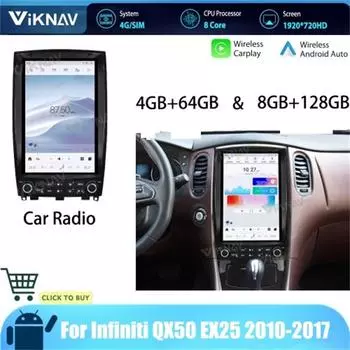 Viknav Android Auto 12,1-дюймовый автомобильный радиоприемник для Infiniti QX50 EX25 2010-2017 новейшая система стереомагнитола беспроводной Carplay GPS навигация головное устройство 64GB Radio