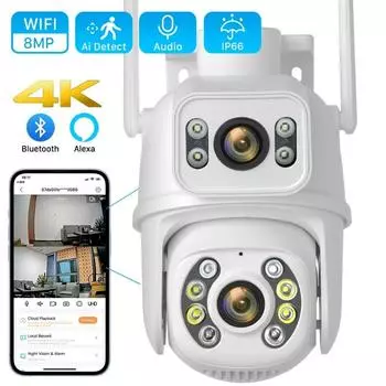 Вилка европейского стандарта, 8MP, 4K, PTZ, Wi-Fi, камера с двумя объективами и двойным экраном, Ai, обнаружение человека, автоматическое отслеживание, беспроводная уличная камера наблюдения, приложение iCSee