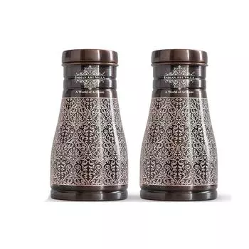 VILLA Pure Copper Bedroom Water Bottle with Inbuilt Glass, Dark Embossed Design, 900 ML Capacity (Pack of 2)
